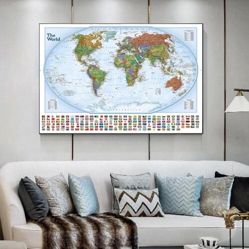 150X100cm The World Physical Map Non-woven Non-Smell World Map With National Flags For Culture And Education