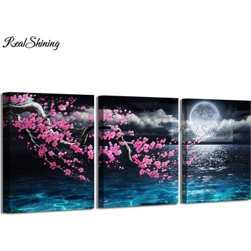 Plum blossom seascape 3pcs Full Square round drill 5D DIY Diamond embroidery Blue Sea Moon Diamond Painting Cross Stitch F153