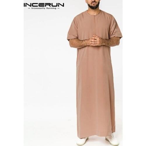 INCERUN Solid Color Men Muslim Islamic Kaftan Robes Short Sleeve O Neck Jubba Thobe Casual Dubai Saudi Arabia Abaya Men Clothes