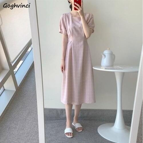 Summer Plaid Mi-calf Dress Women Short Sleeve Square Collar Gentle Sweet Girls Lace-up Slim Vintage French Style Student Vestido