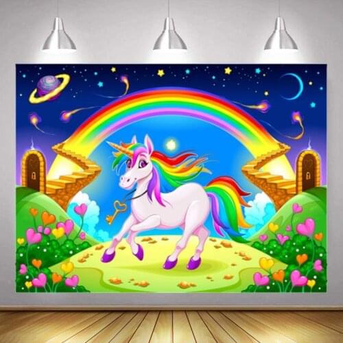 Rainbow Unicorn Studio Photography Starry Sky Cartoon Background Girl Birthday Party 3D Children Photo Digital Backdrop Cloth