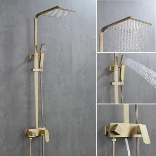Luxury brass gold brush shower mixer rainfall big flat shelf shower tap frosted gold bathtub shower tap hot and cold shower