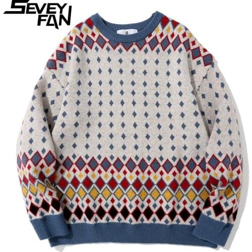 SEVEYFAN Mens Casual Diamond Jacquard Sweater Harajuku Loose Cotton Pullover Knitwear for Couples