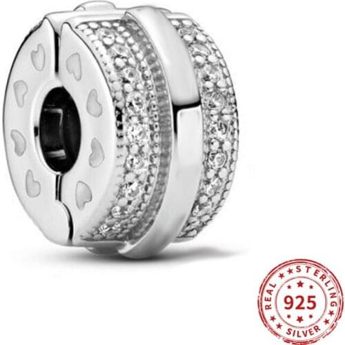 Real 925 Sterling Silver Charms Round Heart Clip Stopper Crystal Beads Fit Original Pan Charm Bracelets Necklace Diy jewelry