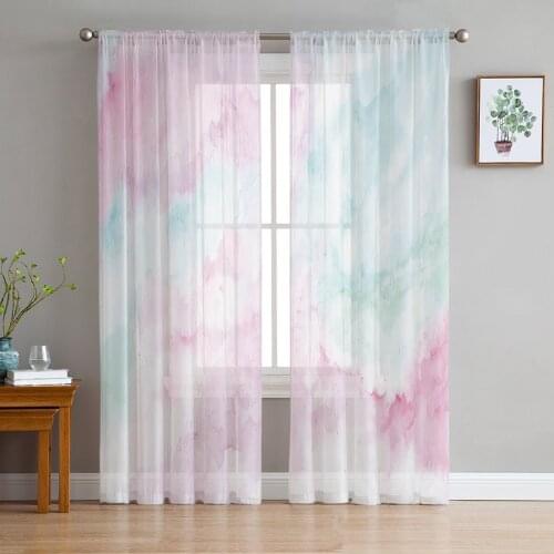 Indoor Tulle Curtains Pink Watercolor Girls Bedroom Exquisite Voile Curtain Living Room Kitchen Chiffon Fabric Curtains