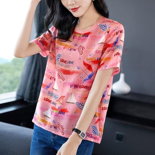 100% Natural Silk 2020 Summer Women Tops Tees Fashion O-neck Short Sleeve Print Tee shirts Loose Pure Real Silk Female T-shirt