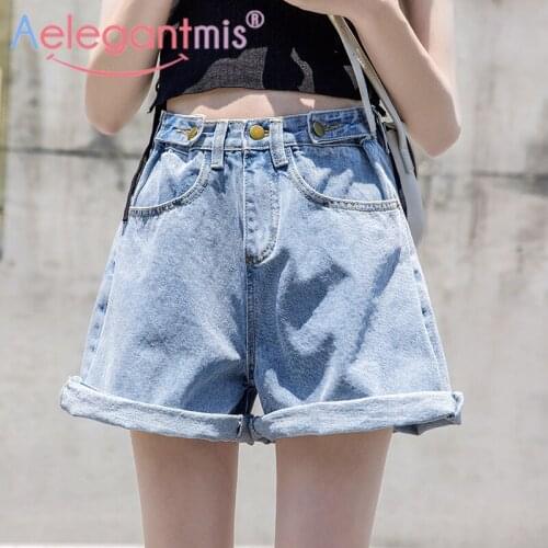 Aelegantmis Womens Denim Shorts Button Oversized Short Harajuku Female Retro Denim Black Jeans Shorts 2021 Summer Cowboy Korean