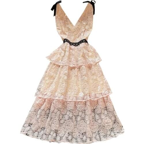 2021 Ladies New Bow Tie Sleeveless V-neck Rose Embroidery Lace Dress Ladies light Luxury Cake Dress