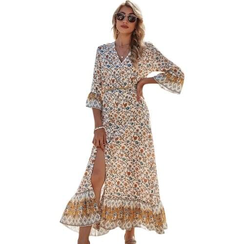 Womens Summer V-Neck Flare Sleeve Print Slit Flowy Boho Beach Long Dress
