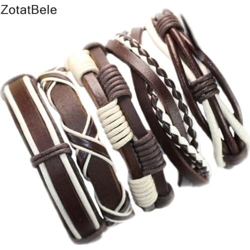 ZotatBele Handmade bracelet Wholesale 5pcs/set ethnic tribal genuine wrap charm male pulsera Brown leather bracelets bangle F103