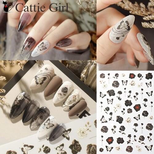 1 sheet Black Rose Nail Art 3D Stickers Nail Decals for Nails Flower Manicure Japanese Butterfly Design DIY Floral Accessories