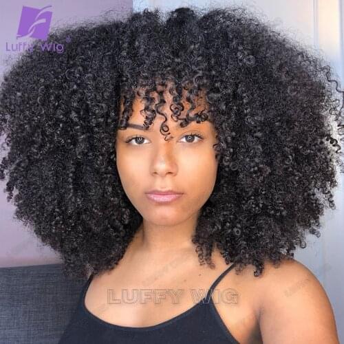 200 Density Afro Kinky Curly Scalp Base Top Full Machine Made Wig With Bangs Remy Brazilian Short Curly Human Hair Wigs Luffywig
