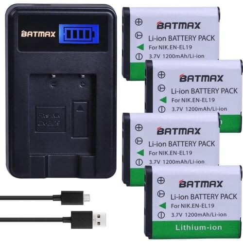 4pcs 1200mAh EN-EL19 EN EL19 ENEL19 Battery + LCD USB Charger for Nikon S100 S2500 S2600 S3100 S6400 S4100 S4150 S3300 S4300