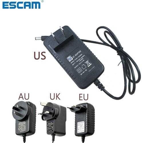 ESCAM AC100V-240V / DC12V 2A Output Power Adaptor 50/60HZ, Wall Charger DC 5.5mm x 2.1mm EU/AU/UK/US Plug for CCTV Camera free