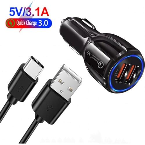 3.1A Fast Car Charger QC 3.0 Phone Charger Adapter Type-c USB Charging Cable For Samsung A12 A42 S20FE A31 A41 A52 A72 S9 S8