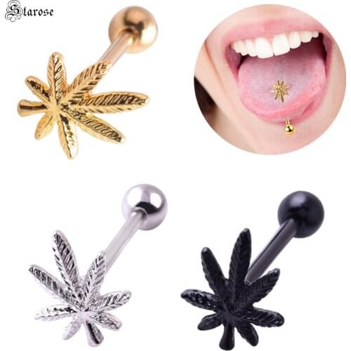 1pc New Gold Color Maple Leaf Tongue Piercing Tongue Rings Black Stainless Steel Helix Piercing langue Tongpiercing Nipple Ring