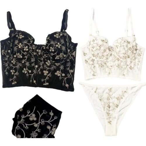 Women Embroidered Floral Lingerie Set Push Up Underwire Bustier Corset Bra and Low Waist Panty Sexy Sheer Mesh Underwear