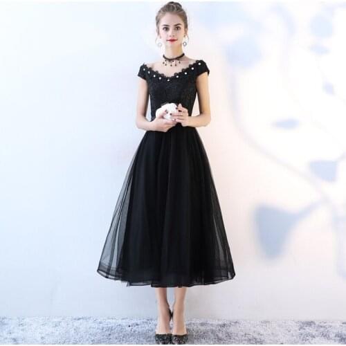 Special Occasion Dresses Illusion V-Neck Short Crystal Embroidery Luxury Black Tulle Lace-Up Knee-Length Women Prom Gown E1038