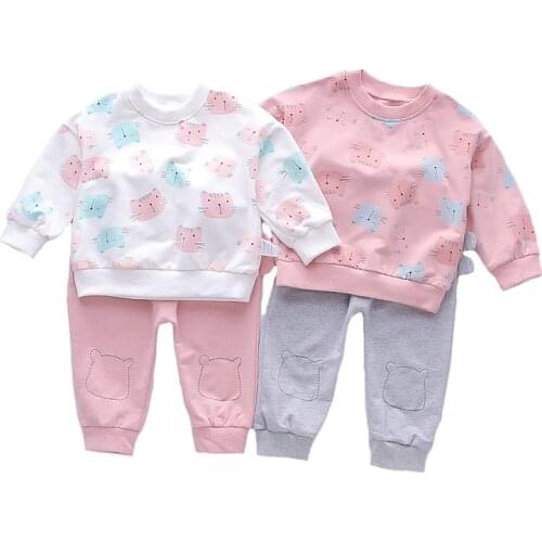 Cute Cartoon Cat Pattern Suit For Girl Spring Pure Cotton Baby Girls Clothing Set Toddler Kids Casual Comfortable Clothes