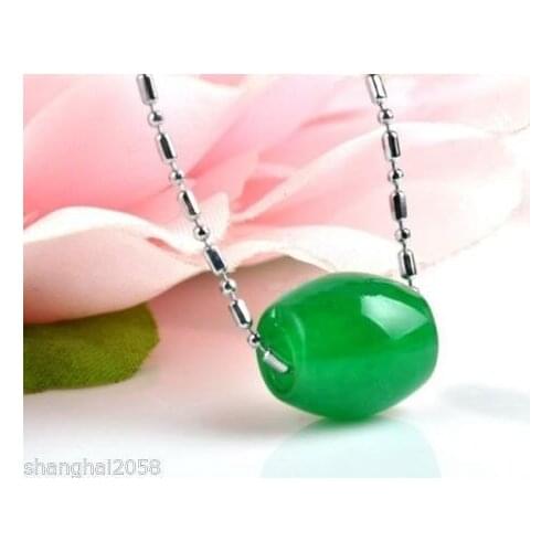 Natural greenJade Carved Chinese Lucky Barrel Pendant with chain