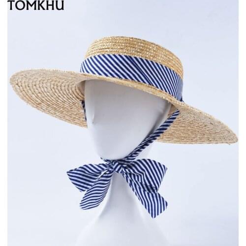 New Womens Summer Hat Cap Female Flat Top Wide Brim Hat Striped Ribbon Decoration Wheat Straw Hat Beach Sun Hat Bonnet Enfant