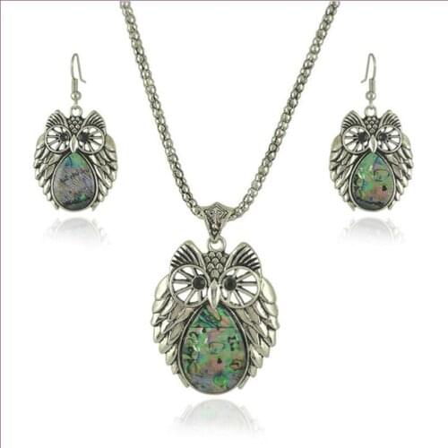Silver Plated Wisdom Owl Shape Pendant Abalone Shell Necklace Drop Earrings Animal Jewelry Sets