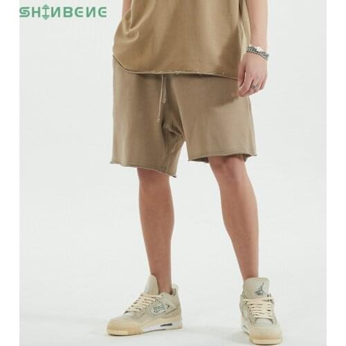 SHINBENE Frayed Edge Loose Solid Gym Workout Shorts Men Drawstring Mid Waist Leisure Sport Street Shorts with Two Side Pocket
