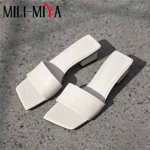 MILI-MIYA Summer New Cow Leather Square Peep Toe Casual Sandals Med Heel Outside Slipper Simple Slip On Solid Daily Shoes