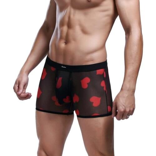 New Men Heart Print Panties Sexy Mesh Low Waist Breathable Underwear Soft Comfortable Fashion Casual Daily Male Boxer Black Red