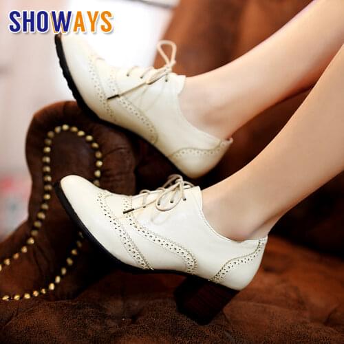 British Women Oxfords High Square Block Heel Pumps Round Toe Brogues Fretwork Vintage Oxfords Casual Office Ladies Lace-up Shoes