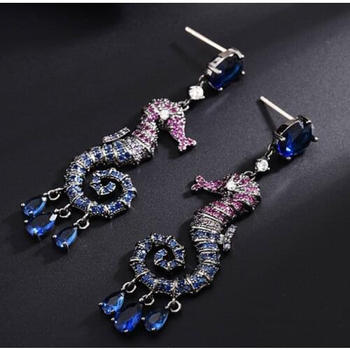 Zlxgirl jewelry Blue pave cubic zirconia seahorse shape stud earring for wedding bridal earrings jewelry nice couple gifts