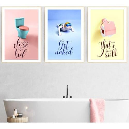 Funny Kids Bathroom Art Posters And Prints Pink Navy Blue Toilet Cartoon Canvas Painting Wall Art Pictures For Home Decoration