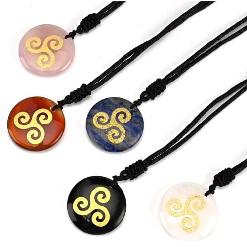 Factory sells semi precious stone Spiral meditation symbol Round Pendant Necklaces For healing Stones