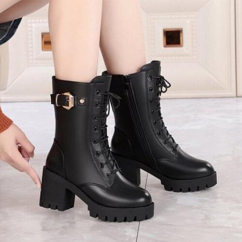 Winter Womens Shoes High-heeled Thick Plush Ladies Lace-up Leather Military Boots Female Platform Metal Buckle Woman Non-slip