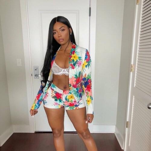 Summer Floral Blazer Two Piece Set Women Sexy Fashion Buttonless Casual Office Blazer High Waist Shorts Suit with Elastic Band