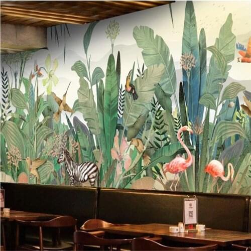 Customized 3D wallpaper mural large hand-painted Southeast Asian plants, forests, flowers, birds and animals background