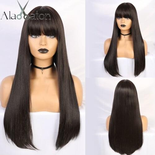 ALAN EATON Black Long Straight Wig with Bangs Synthetic Hair Wigs for Woman Heat Resistant Wigs Natural Cosplay Costume Wig