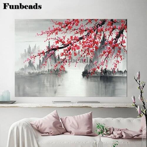 Diamond Painting 5D Full Square Round Plum Blossom Lake Mountain Picture Diamond Mosaic Rhinestone Flower Embroidery Wall FF4120