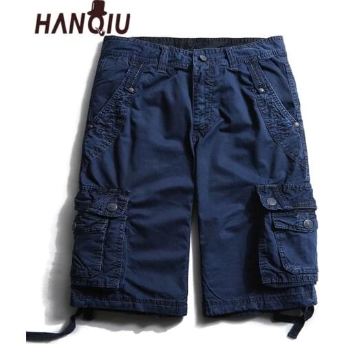 HANQIU 2020 Summer New Arrival Cargo Short Men Pure Cotton Solid Mid-Waist High Quality Casual Plus Size Multi-pocket Men Shorts