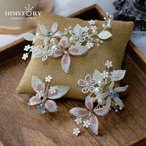HIMSTORY White Butterfly Bridal Hairpins Handmade Pearl Beading Wedding Hair Diadem Princess Head Girps Engagement Accessories