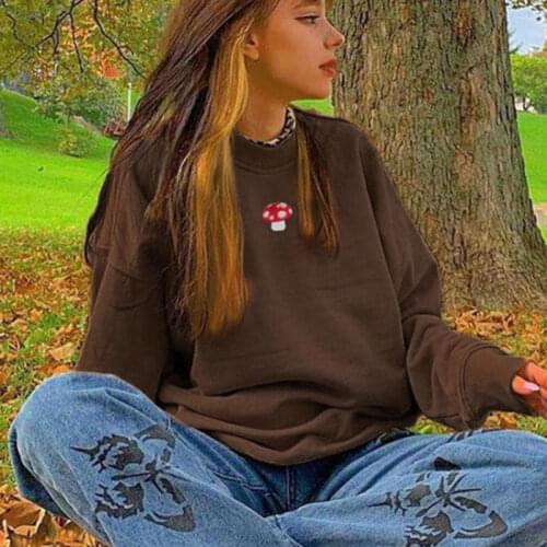 90s Embroidery Mushroom Indie Aesthetic Y2k Fashion Streetwear Long Sleeve Hoodies Graphic Embroidered Crewneck Brown Sweatshirt