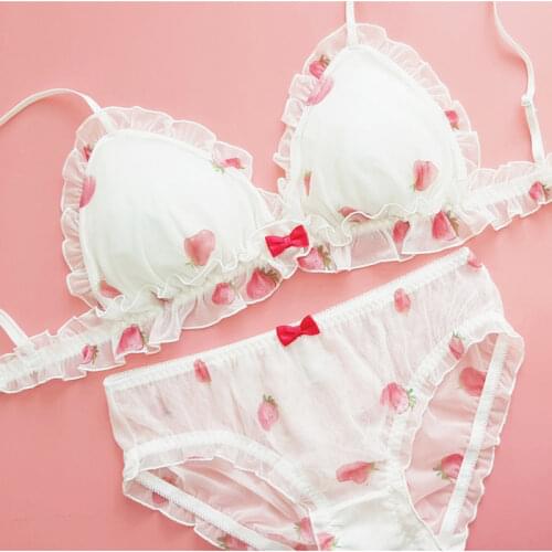 Kawaii Strawberry Lace Underwear Sexy Small Girl Lolita Bra Set Underwear Women Lingerie Femme Japanese Korean Women Intimates