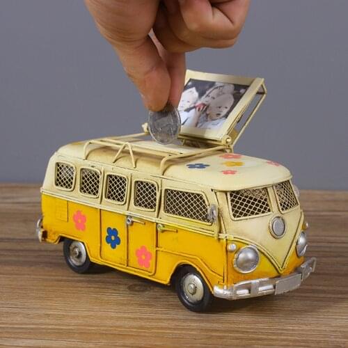 Creative Iron Piggy Bank Vintage Bus Shape Coin Box Nostalgic Childhood Memory Metal Art Gift Home Decor for Kids Children