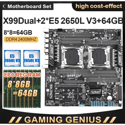 SZMZ X99Dual CPU LGA 2011 v3 Motherboard Set With Xeon E5 2650L V3 + 8*8gb=64G DDR4 2400MHZ ECC REG RAM MSATA M.2 PCIE 16X