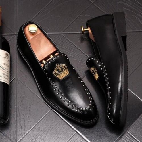 Mens Oxfords Embroidery Crown Business Leather Shoes Dress Shoes For Men Black White Wedding Party