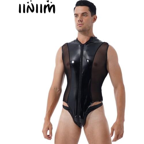 Mens Shiny Metallic Patent Leather Lingerie Bodysuit Sheer Mesh Splice Sleeveless Double Zipper High Cut Thong Leotard Bodysuit