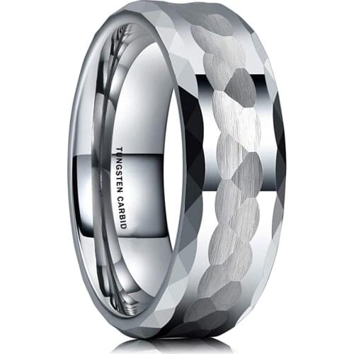 8MM Mens Silver Tungsten Carbide Ring Hammer Comfort Fit Multi-Faceted Men Engagement Ring Fashion Men Anniversary Jewelry Gifts