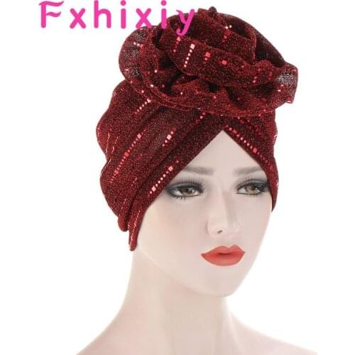 New Women Elegant Flower Turban Shinny Silk Hats Cancer Chemo Caps Beanies Muslim Turbante Party Bandanas Hair Accessories