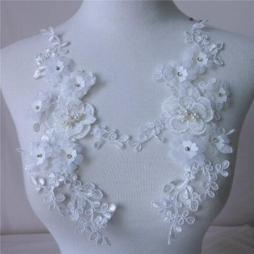 One Pair White Handmade 3D Flower Lace Appliques Embroidery Rhinestone Applique With Corded For Bridal Gowns Wedding Dress DIY