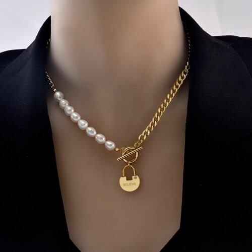 Inserts No fading Stainless steel Natural freshwater pearl Necklace fashion toggle clasp simple Lock charm pendant gift women